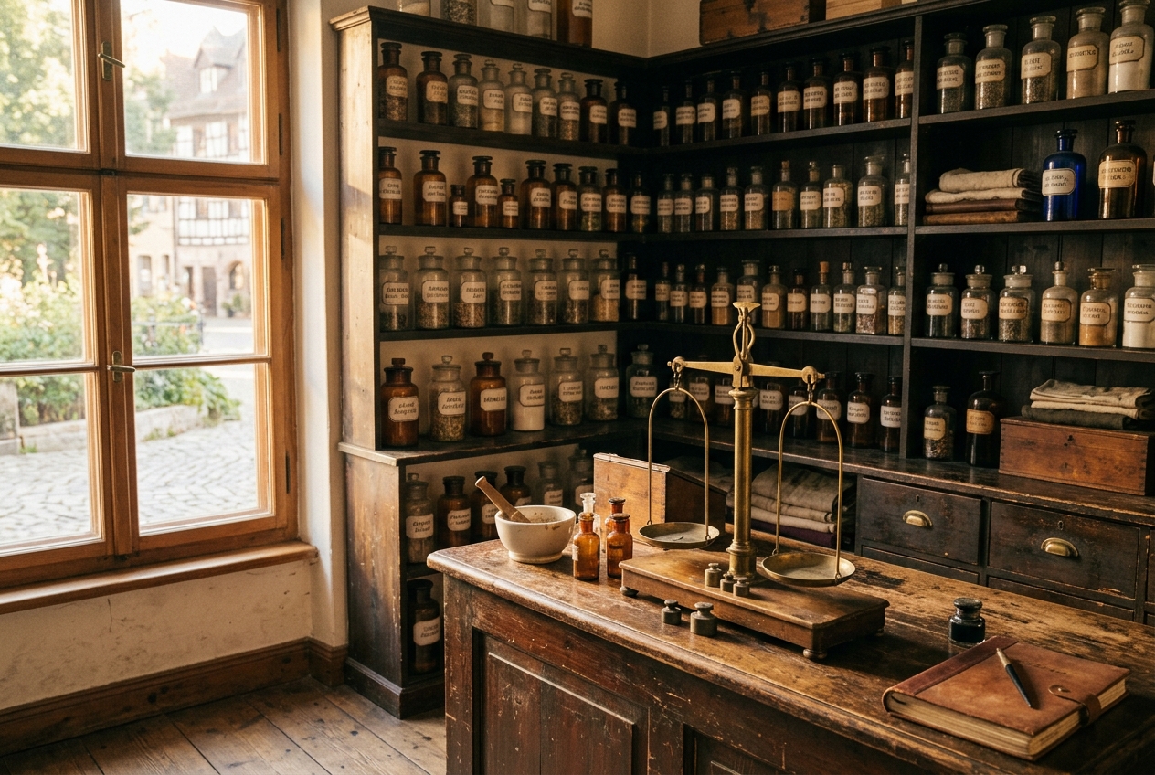 A vintage corner apothecary with apothecary jars and a wooden counter