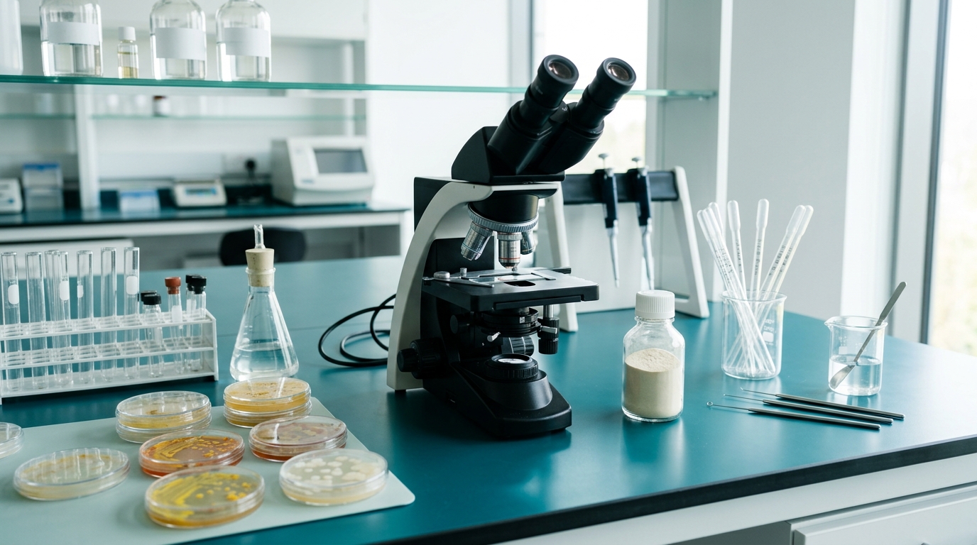 A bright clinical research lab where an emerging probiotic formula is documented